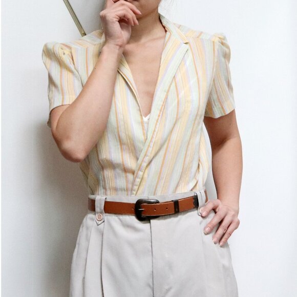 70s Yellow Pastel Rainbow Striped Overcoat w/ Short Sleeve & Slim Collar, Gauzy - Picture 2 of 10